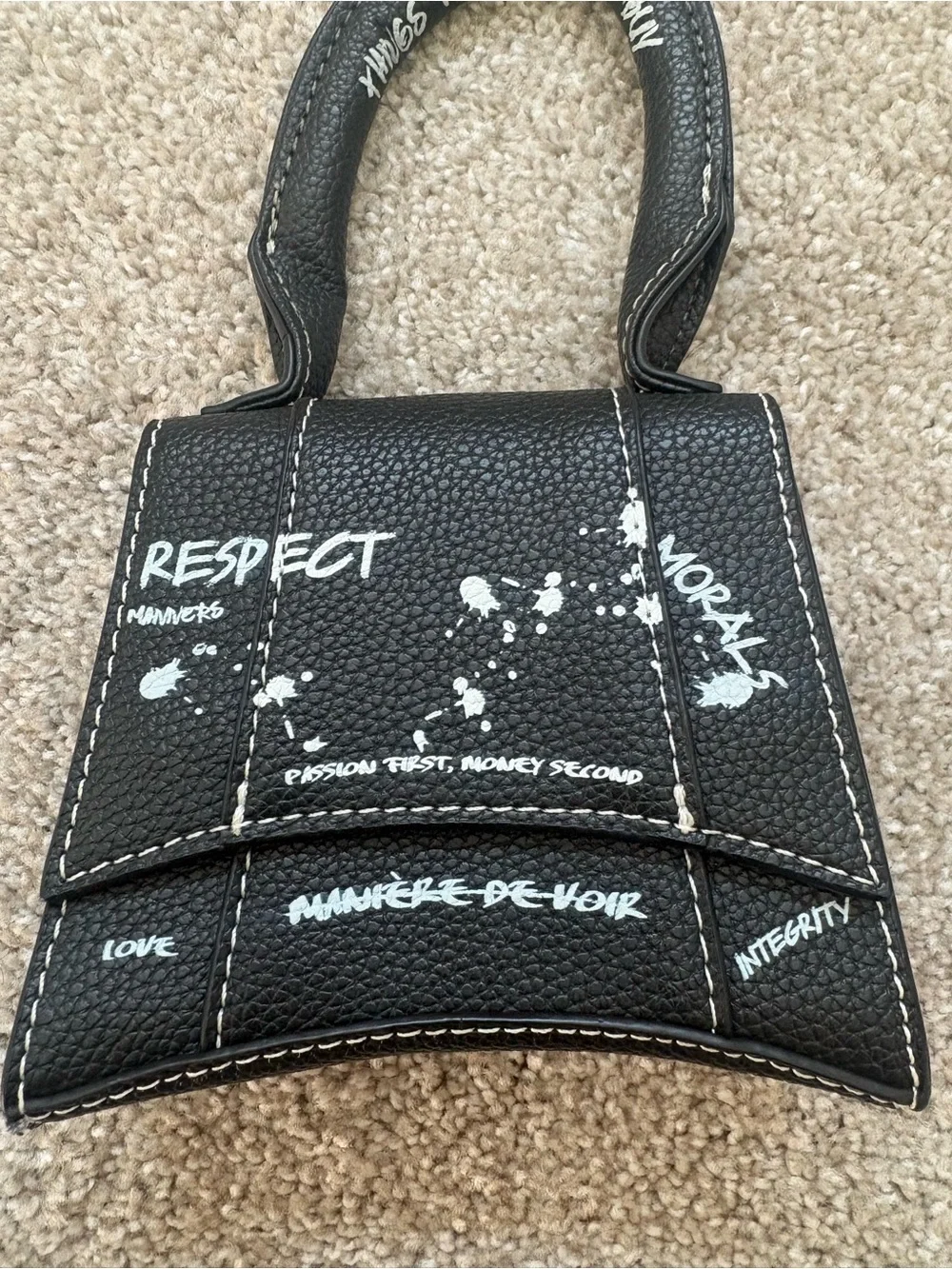 Maniere De Voir Black Mini Top-Handle Bag with White Graphic Text - Picture 2 of 5